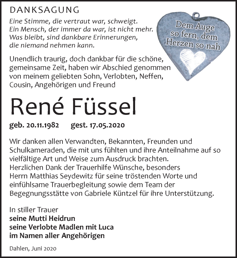  Traueranzeige für René Füssel vom 13.06.2020 aus Leipziger Volkszeitung