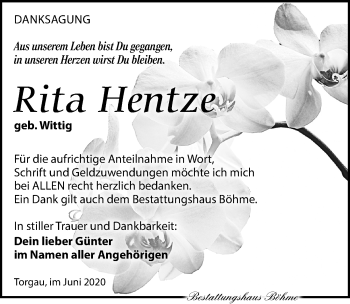 Traueranzeige von Rita Hentze von Torgauer Zeitung