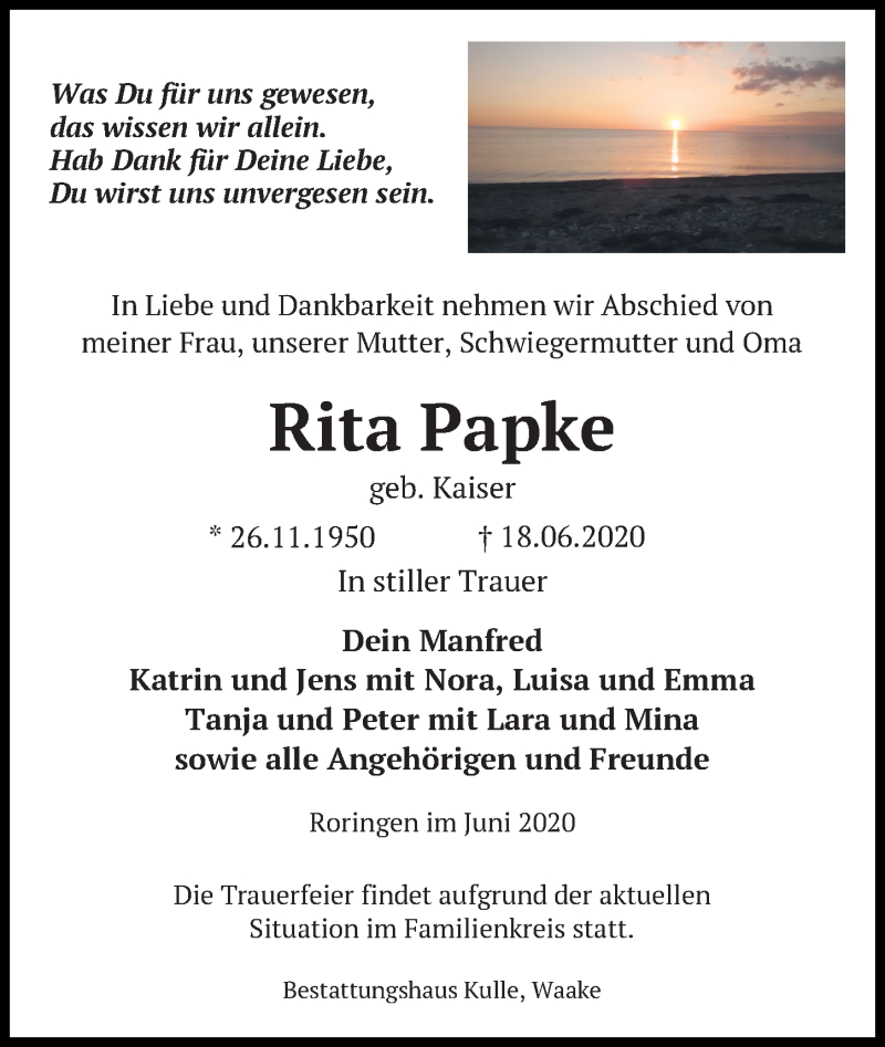  Traueranzeige für Rita Papke vom 27.06.2020 aus Göttinger Tageblatt