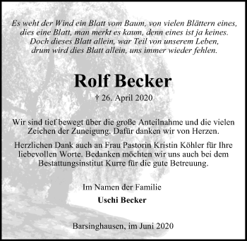 Traueranzeige von Rolf Becker von Hannoversche Allgemeine Zeitung/Neue Presse