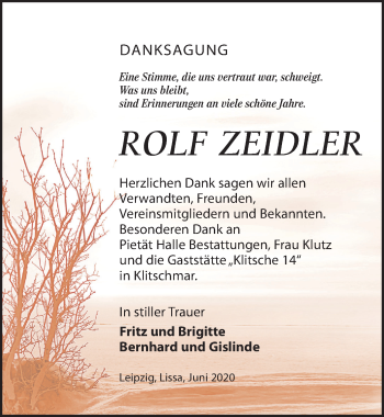 Traueranzeige von Rolf Zeidler von Leipziger Volkszeitung