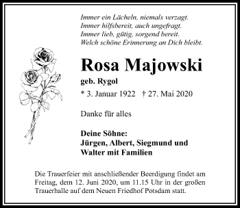 Traueranzeige von Rosa Majowski von Märkischen Allgemeine Zeitung