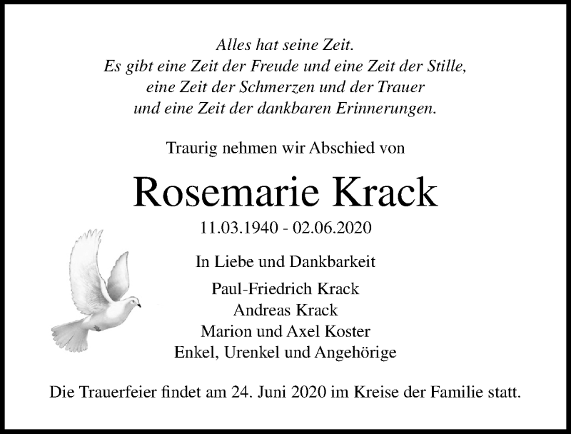  Traueranzeige für Rosemarie Krack vom 06.06.2020 aus Ostsee-Zeitung GmbH