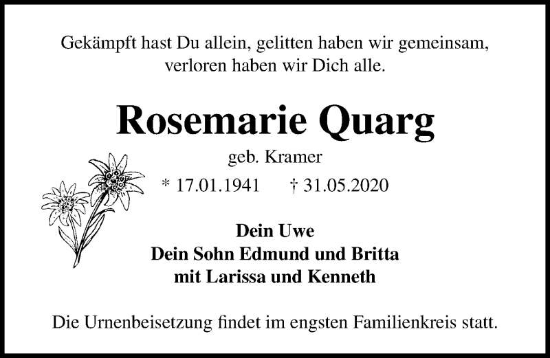  Traueranzeige für Rosemarie Quarg vom 07.06.2020 aus Lübecker Nachrichten