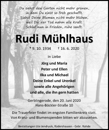Traueranzeige von Rudi Mühlhaus von Eichsfelder Tageblatt