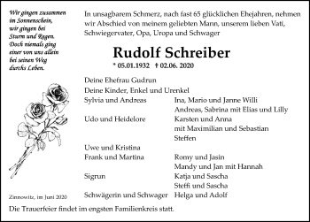 Traueranzeige von Rudolf Schreiber von Ostsee-Zeitung GmbH