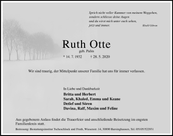 Traueranzeige von Ruth Otte von Hannoversche Allgemeine Zeitung/Neue Presse