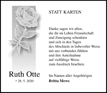 Traueranzeige von Ruth Otte von Hannoversche Allgemeine Zeitung/Neue Presse