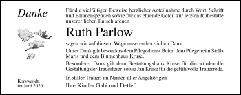 Traueranzeige von Ruth Parlow von Ostsee-Zeitung GmbH