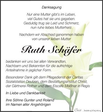 Traueranzeige von Ruth Schäfer von Leipziger Volkszeitung