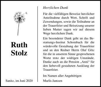 Traueranzeige von Ruth Stolz von Ostsee-Zeitung GmbH