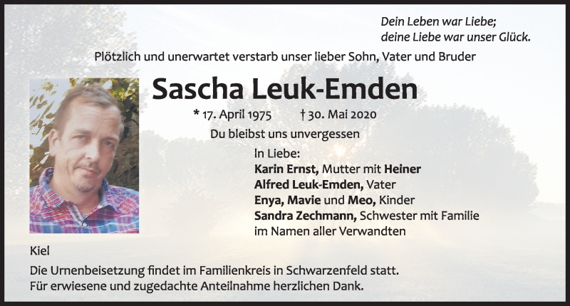  Traueranzeige für Sascha Leuk-Emden vom 05.06.2020 aus Kieler Nachrichten