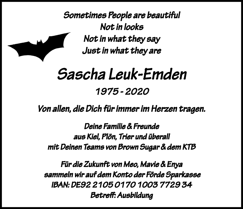  Traueranzeige für Sascha Leuk-Emden vom 13.06.2020 aus Kieler Nachrichten
