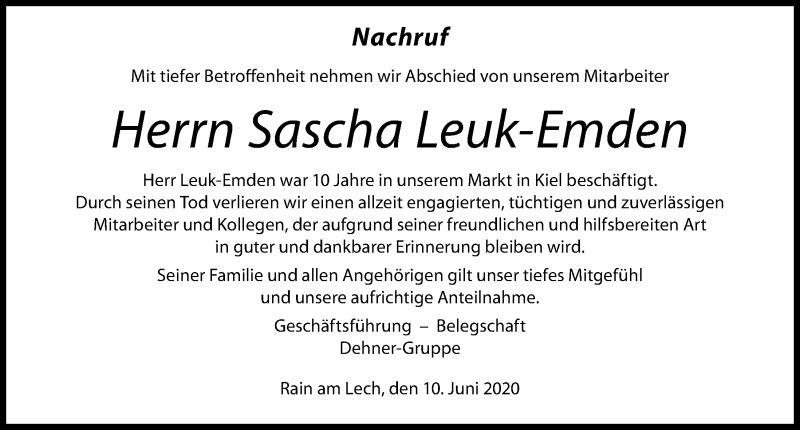  Traueranzeige für Sascha Leuk-Emden vom 10.06.2020 aus Kieler Nachrichten