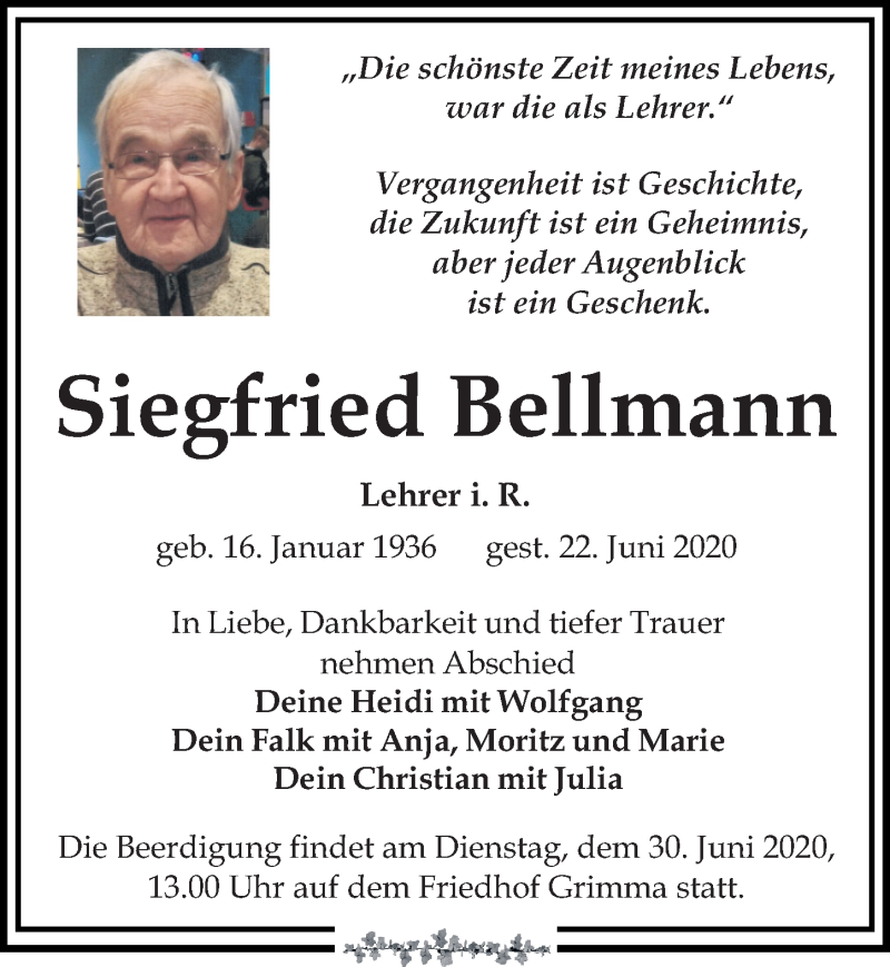  Traueranzeige für Siegfried Bellmann vom 27.06.2020 aus Leipziger Volkszeitung
