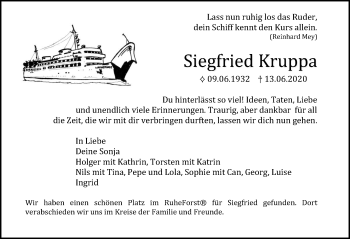 Traueranzeige von Siegfried Kruppa von Ostsee-Zeitung GmbH