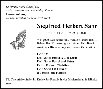 Traueranzeige von Siegfried Herbert Sahr von Ostsee-Zeitung GmbH