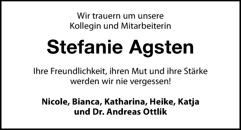  Traueranzeige für Stefanie Agsten vom 27.06.2020 aus Leipziger Volkszeitung
