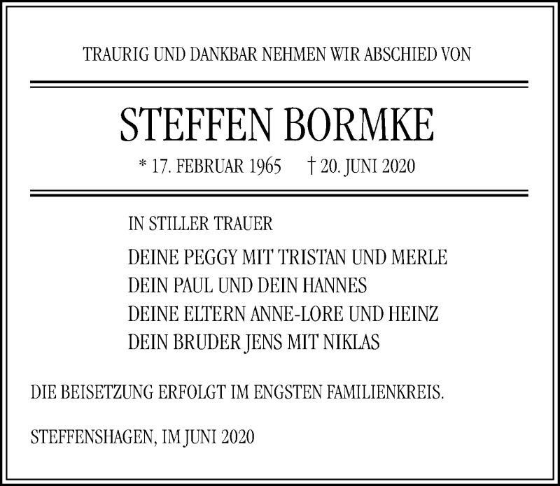  Traueranzeige für Steffen Bormke vom 27.06.2020 aus Ostsee-Zeitung GmbH
