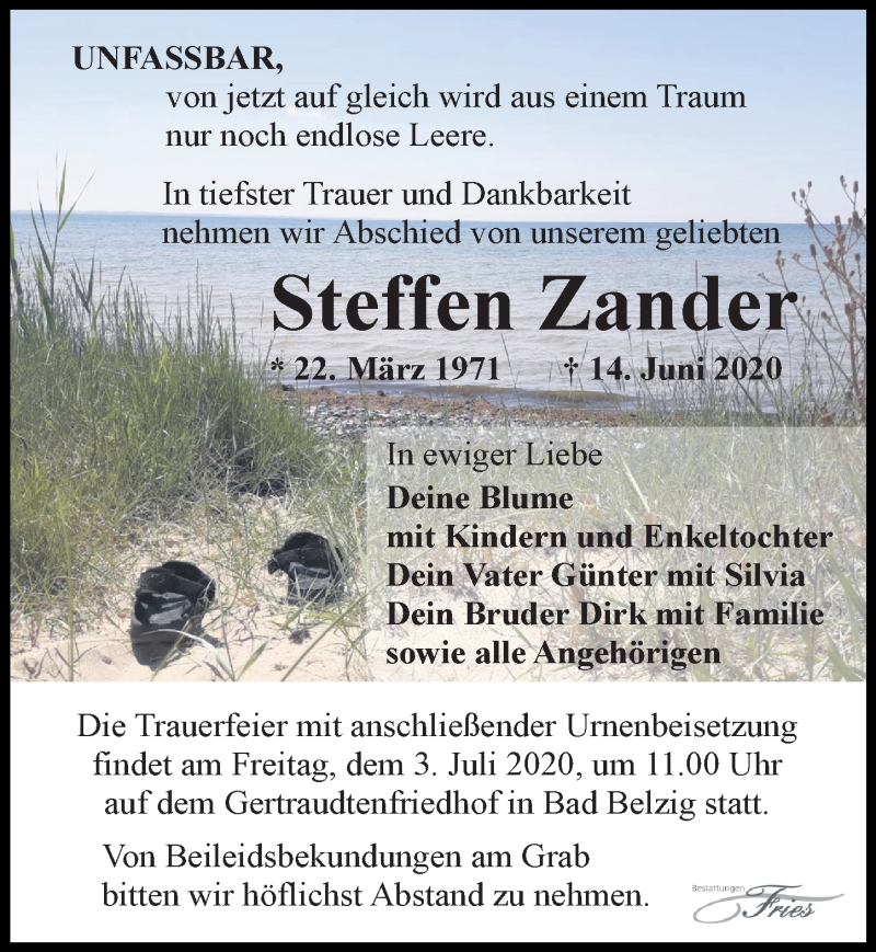  Traueranzeige für Steffen Zander vom 27.06.2020 aus Märkischen Allgemeine Zeitung