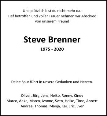 Traueranzeige von Steve Brenner von Leipziger Volkszeitung