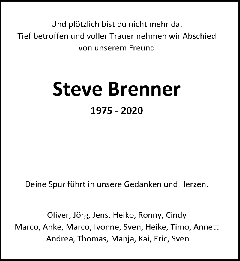  Traueranzeige für Steve Brenner vom 13.06.2020 aus Leipziger Volkszeitung