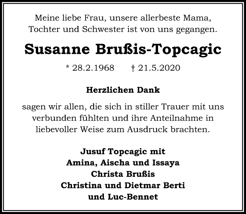  Traueranzeige für Susanne Brußis-Topcagic vom 20.06.2020 aus Peiner Allgemeine Zeitung