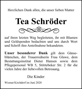 Traueranzeige von Tea Schröder von Ostsee-Zeitung GmbH