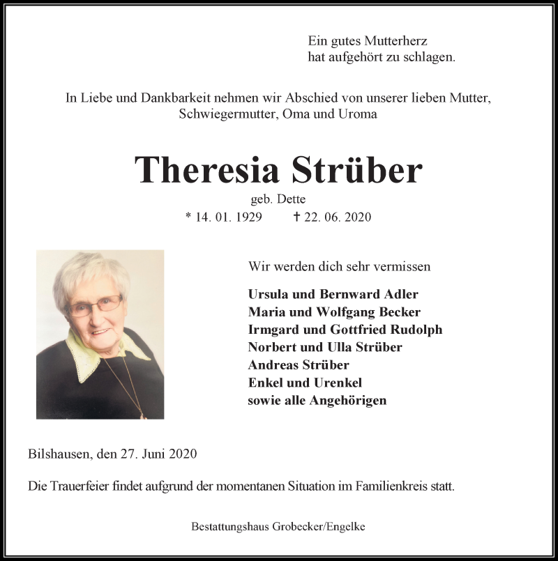  Traueranzeige für Theresia Strüber vom 27.06.2020 aus Eichsfelder Tageblatt