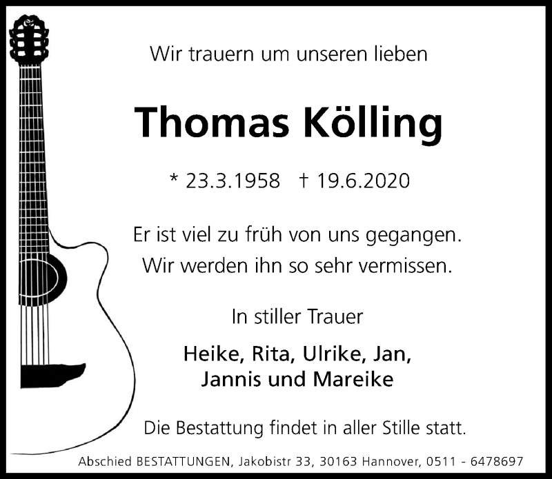 Traueranzeigen von Thomas Kölling