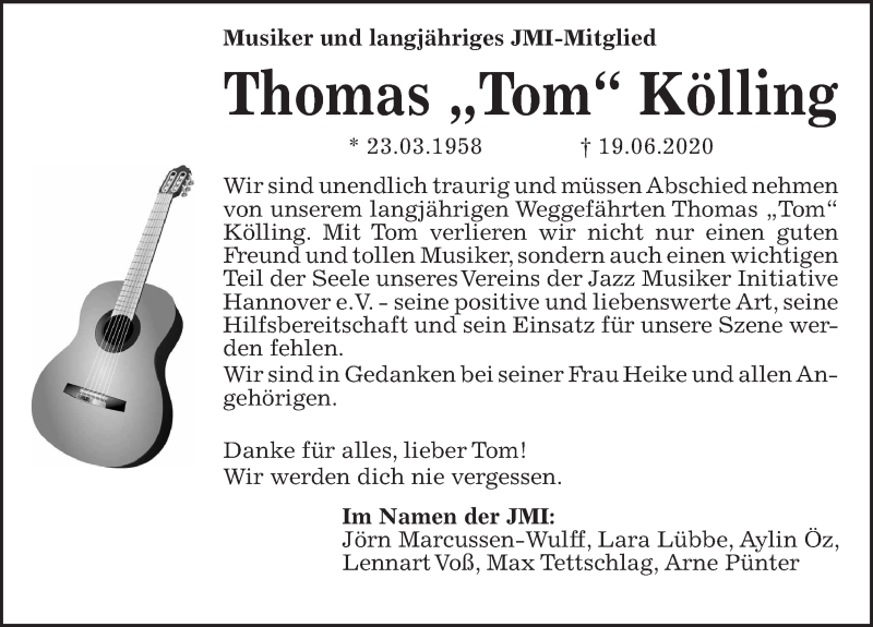  Traueranzeige für Thomas Kölling vom 27.06.2020 aus Hannoversche Allgemeine Zeitung/Neue Presse
