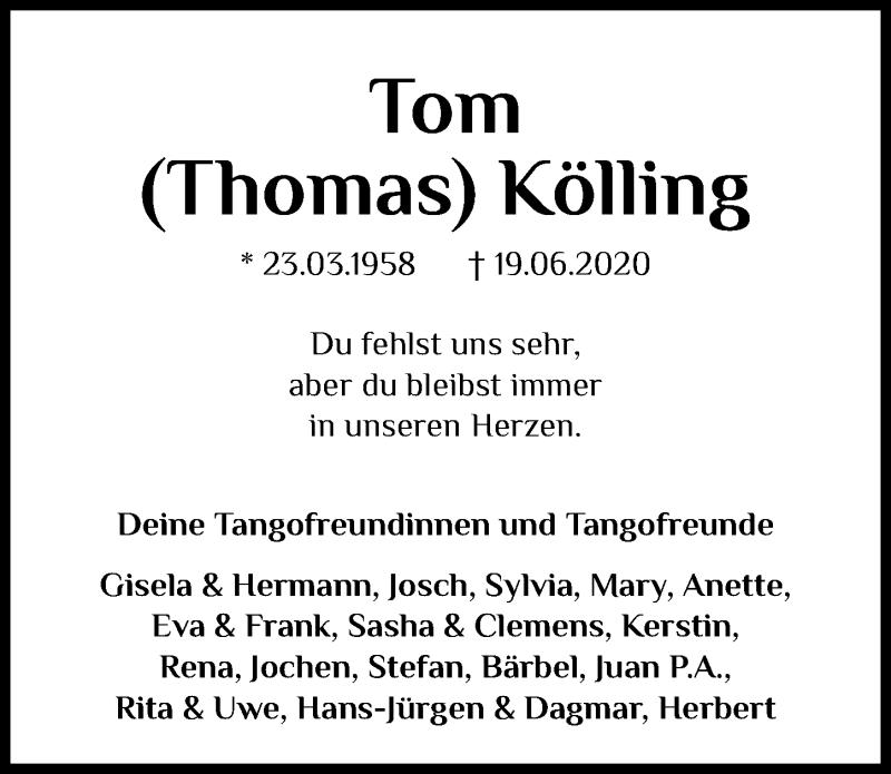  Traueranzeige für Thomas Kölling vom 27.06.2020 aus Hannoversche Allgemeine Zeitung/Neue Presse