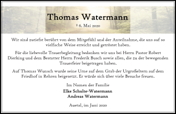 Traueranzeige von Thomas Watermann von Schaumburger Nachrichten
