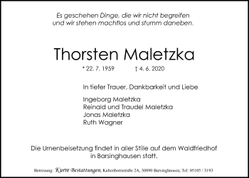 Traueranzeige von Thorsten Maletzka von Hannoversche Allgemeine Zeitung/Neue Presse