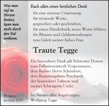 Traueranzeige von Traute Tegge von Ostsee-Zeitung GmbH