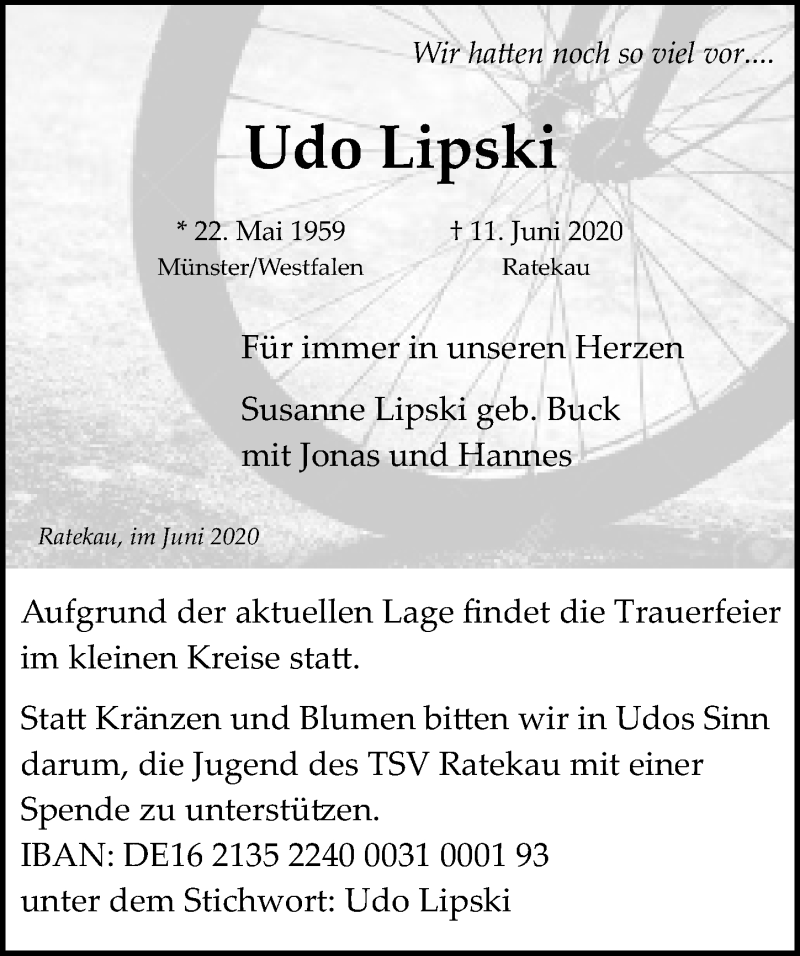  Traueranzeige für Udo Lipski vom 21.06.2020 aus Lübecker Nachrichten