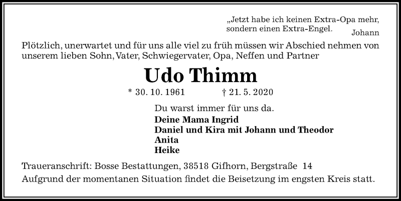  Traueranzeige für Udo Thimm vom 20.06.2020 aus Aller Zeitung