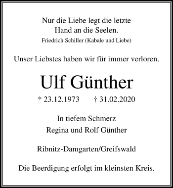 Traueranzeige von Ulf Günther von Ostsee-Zeitung GmbH