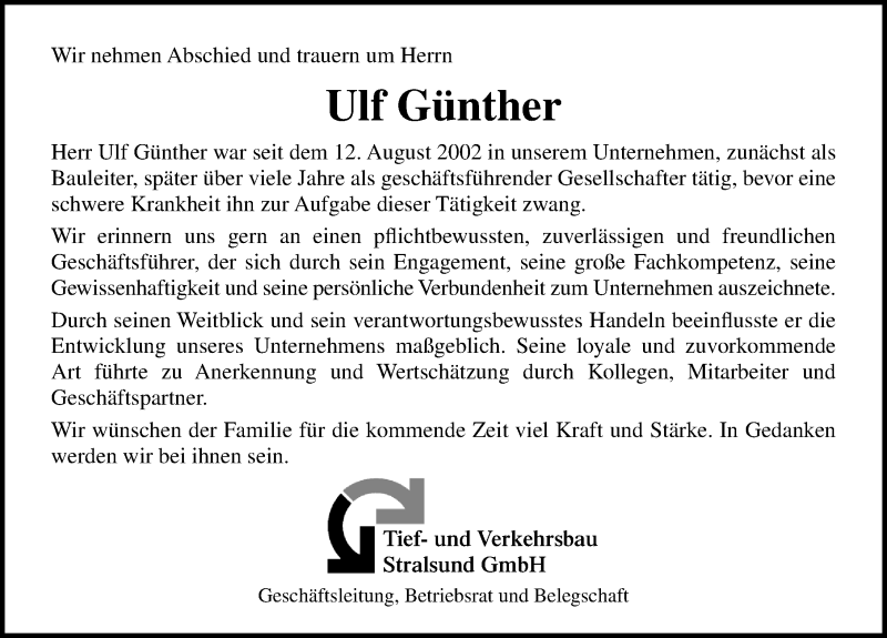  Traueranzeige für Ulf Günther vom 06.06.2020 aus Ostsee-Zeitung GmbH