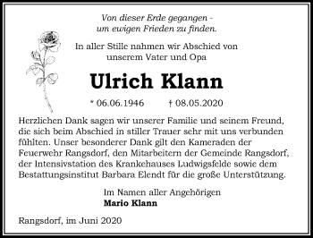 Traueranzeige von Ulrich Klann von Märkischen Allgemeine Zeitung