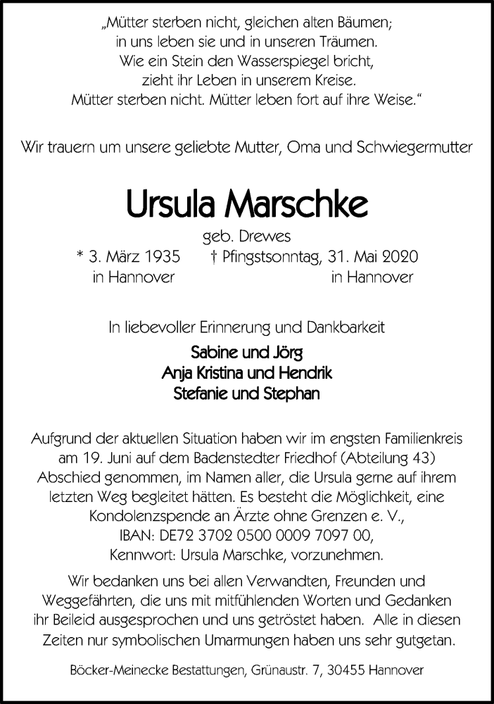  Traueranzeige für Ursula Marschke vom 20.06.2020 aus Hannoversche Allgemeine Zeitung/Neue Presse
