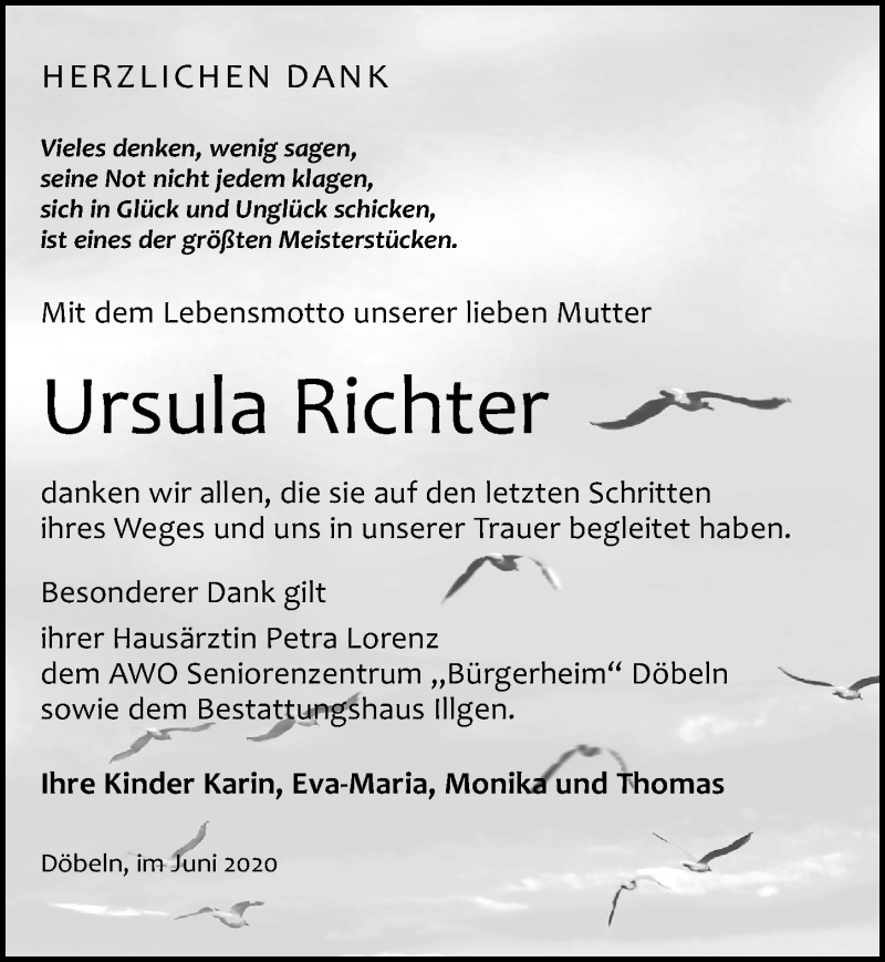  Traueranzeige für Ursula Richter vom 20.06.2020 aus Leipziger Volkszeitung