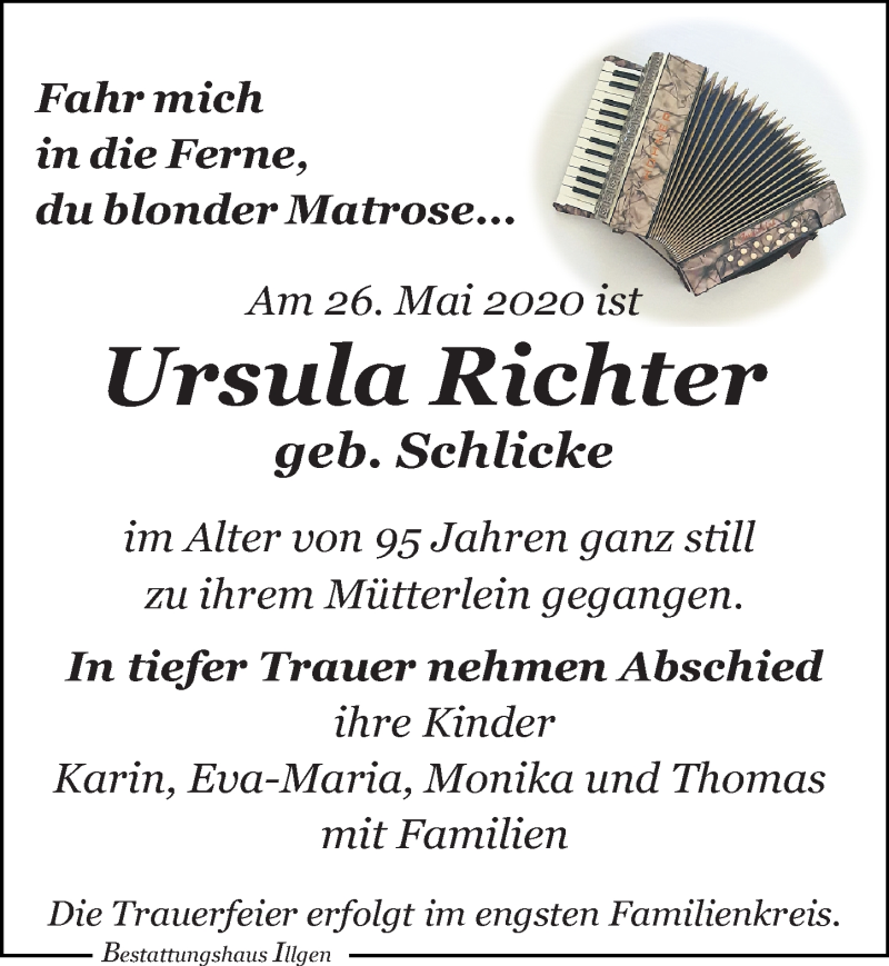  Traueranzeige für Ursula Richter vom 06.06.2020 aus Leipziger Volkszeitung