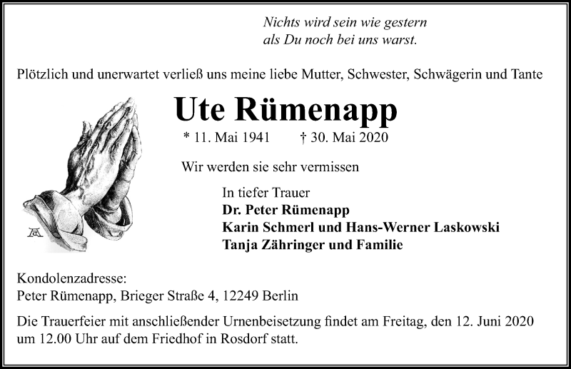  Traueranzeige für Ute Rümenapp vom 06.06.2020 aus Göttinger Tageblatt