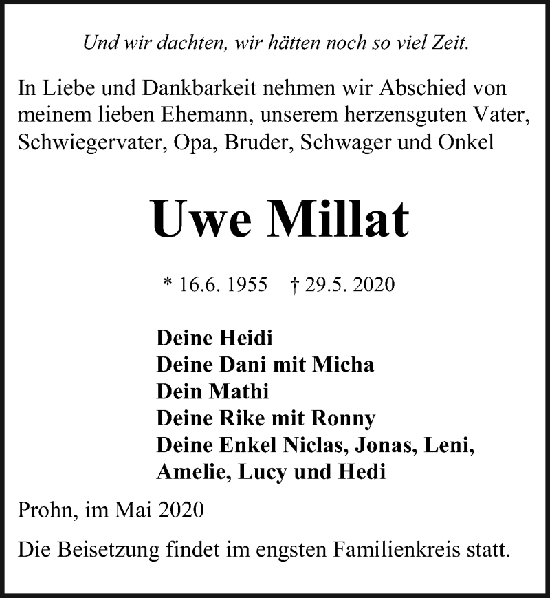  Traueranzeige für Uwe Millat vom 06.06.2020 aus Ostsee-Zeitung GmbH