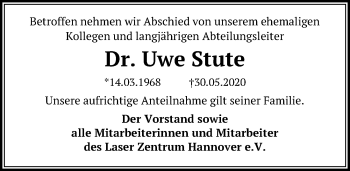 Traueranzeige von Uwe Stute von Hannoversche Allgemeine Zeitung/Neue Presse