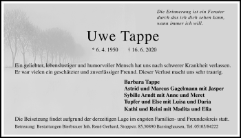 Traueranzeige von Uwe Tappe von Hannoversche Allgemeine Zeitung/Neue Presse