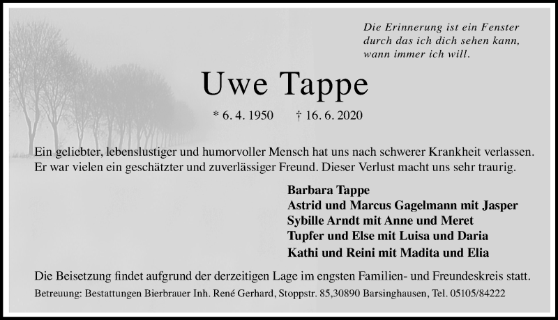  Traueranzeige für Uwe Tappe vom 20.06.2020 aus Hannoversche Allgemeine Zeitung/Neue Presse