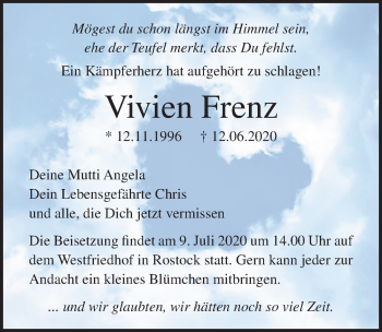 Traueranzeige von Vivien Frenz von Ostsee-Zeitung GmbH