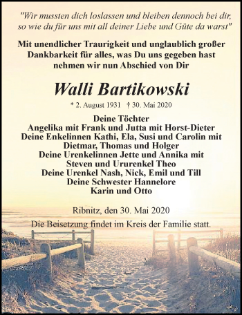 Traueranzeige von Walli Bartikowski von Ostsee-Zeitung GmbH